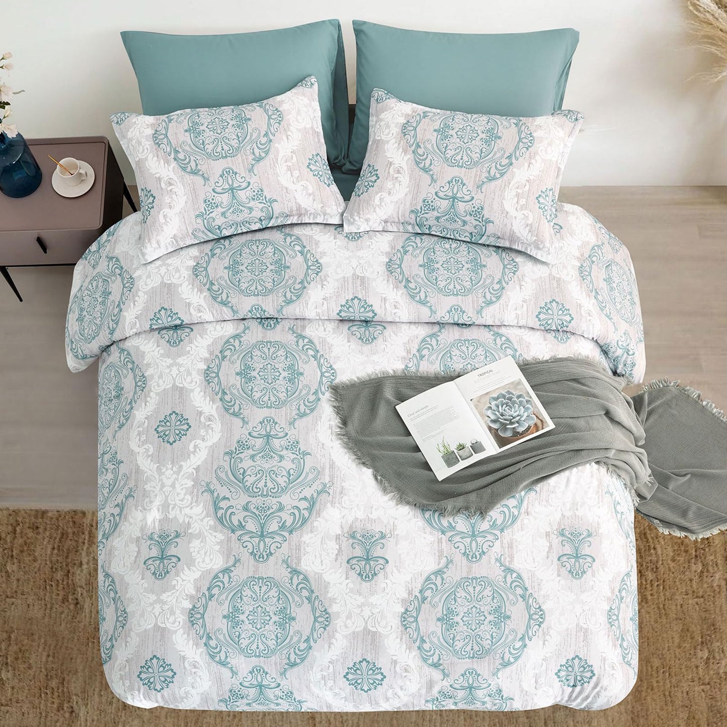 WONGS BEDDING Aqua Comforter Set Queen Size, Damask Texture 7 Pieces Bed in a Bag Microfiber Bohemian Comforter Bedding Sheet Set with Comforter, Flat Sheet, Fitted Sheet,Pillow Shams,Pillowcases