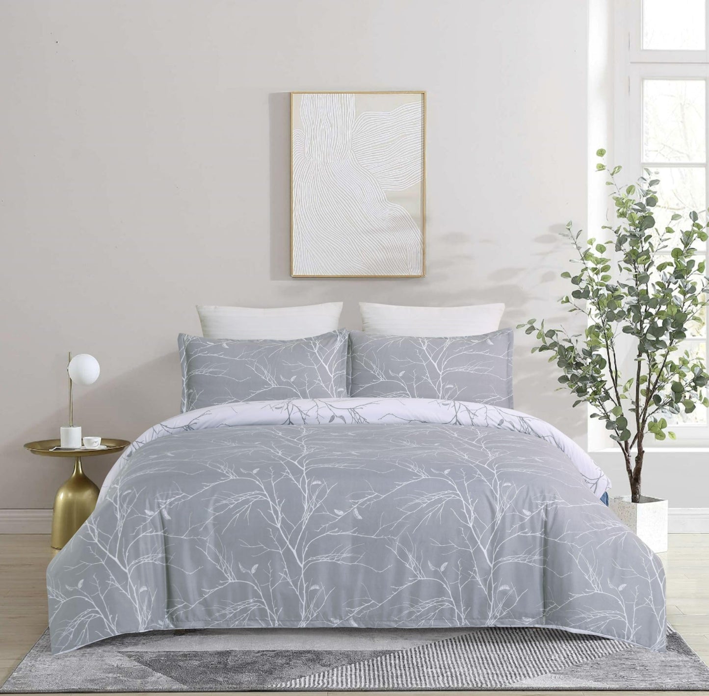 Vaulia Soft Microfiber Duvet Cover Sets, Branches Floral Theme, King Size Gray Color Design 3-Piece Set (1 Duvet Cover 2 Pillow Shams)