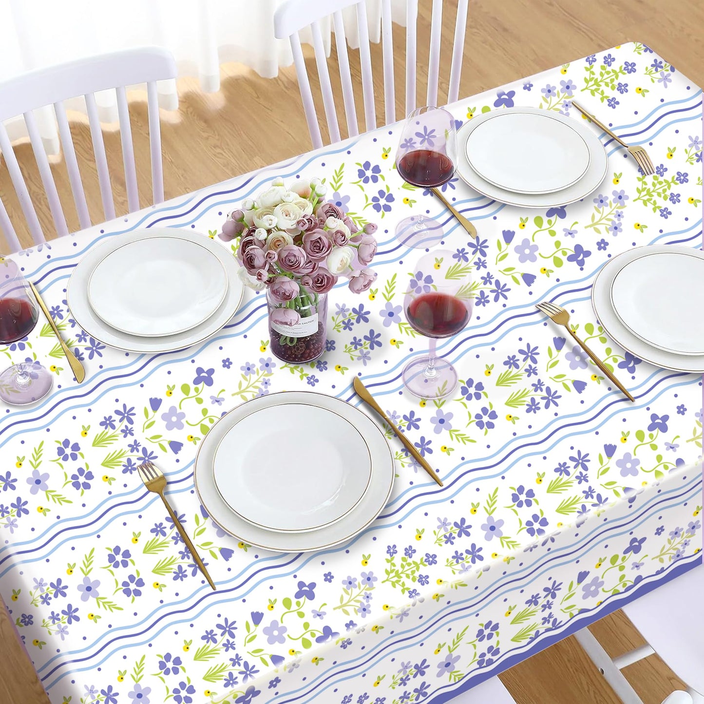 CC HOME 1Pc Blue Flowers Party Plastic Tablecloth 54 x 87 Inch Long Table Cover, Fresh Wildflowers Party Tablecover for Floral Theme Kids Baby Shower Birthday Dinner Picnic Kitchen Event