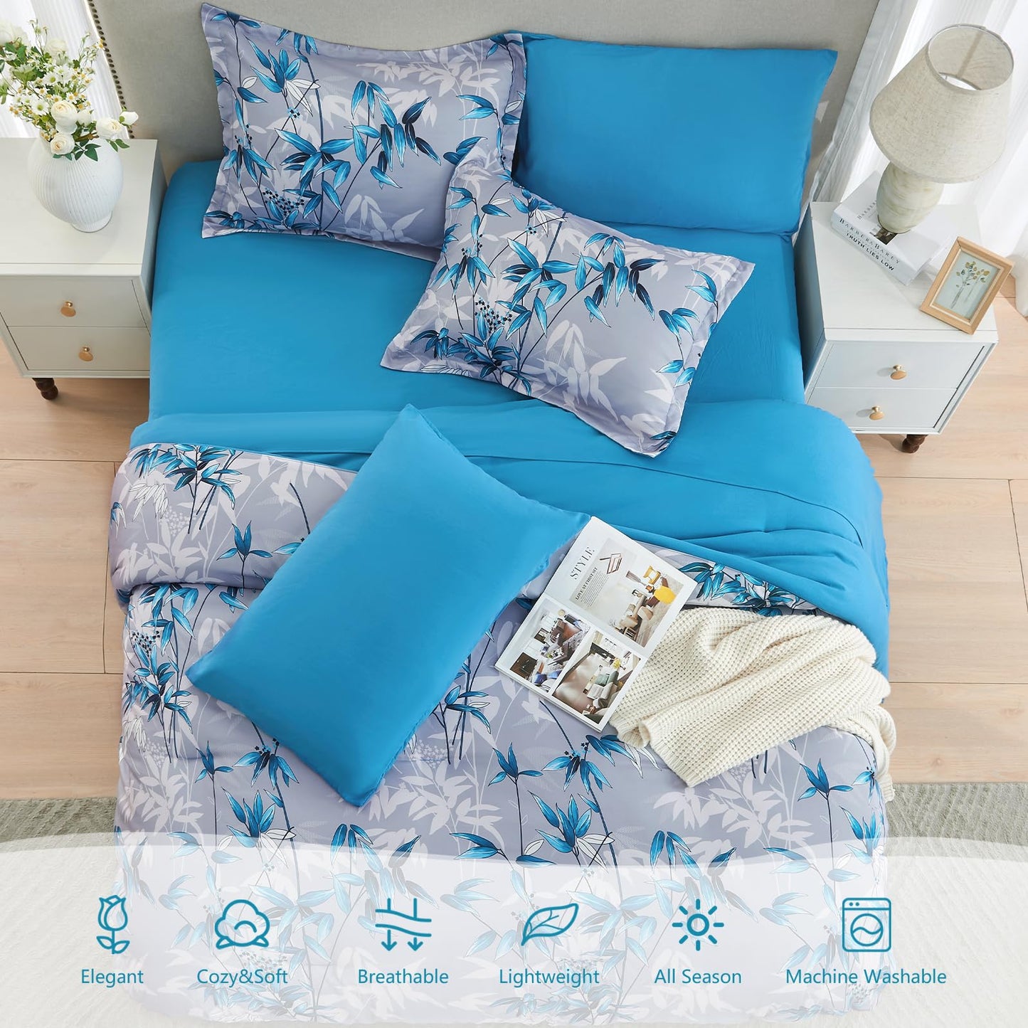 LXWORX Queen Comforter Set Blue - 7 Pieces Bed in a Bag Botanical Leaf Pattern Bedding Set, Soft Lightweight Bed Set with Comforter and Sheets for All Season (Blue,Queen)