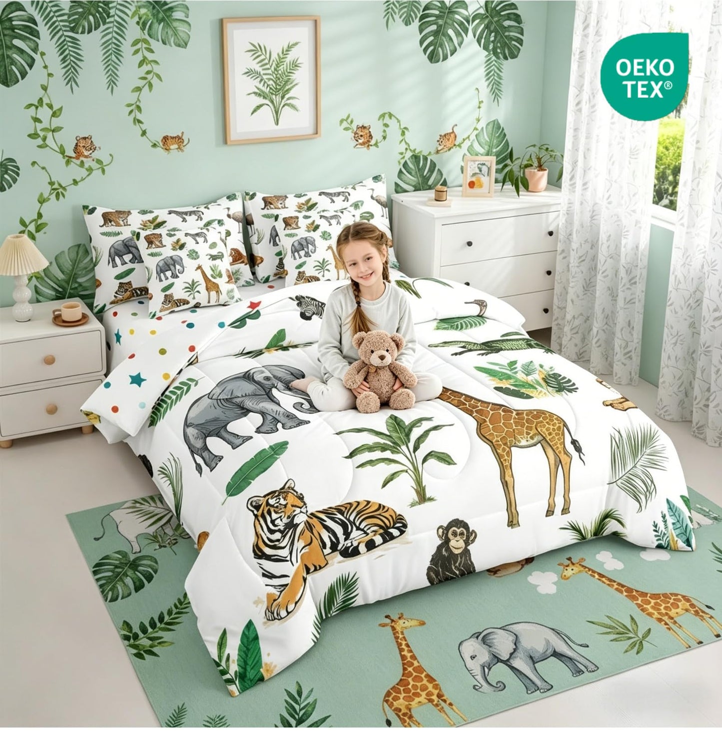 Erosebridal Wild Animal Kids Bed in A Bag Twin 7 Piece Cartoon Elephant Giraffe Comforter Set Safari Animals Bedding Sets for Kids Crocodile Tiger Zebra Palm Tree Tropical Sheet Set with Comforter