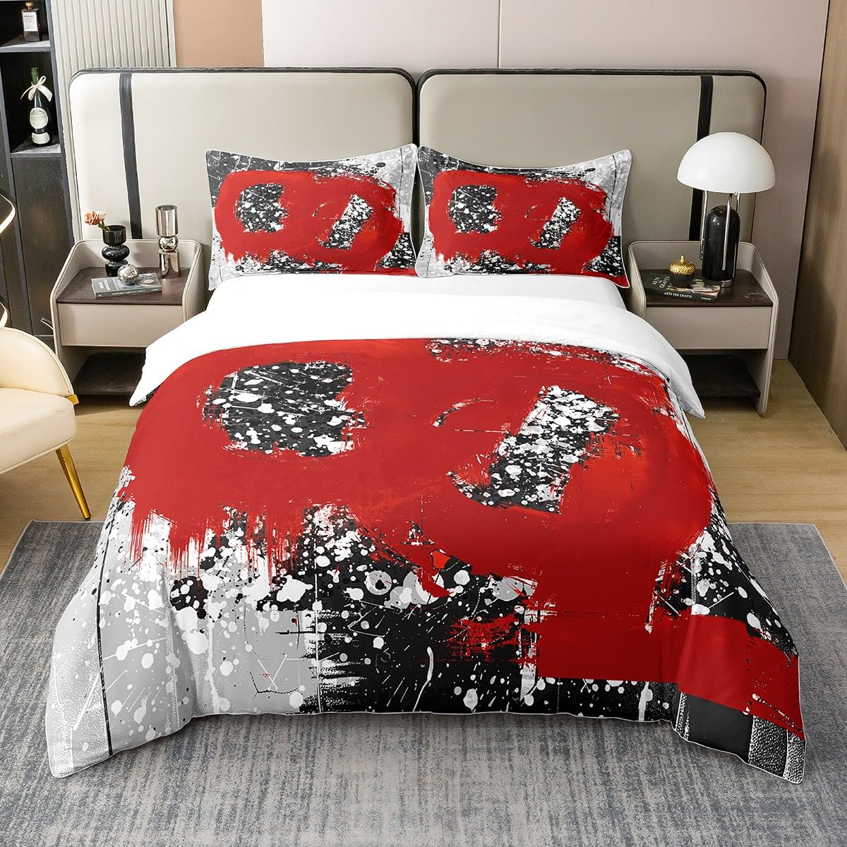 jejeloiu Poppy Red Duvet Cover 100% Cotton King Size Kids Abstract Geometric Comforter Cover for Boys Girls Teens Modern Art Bedding Set Breathable Soft Room Decor