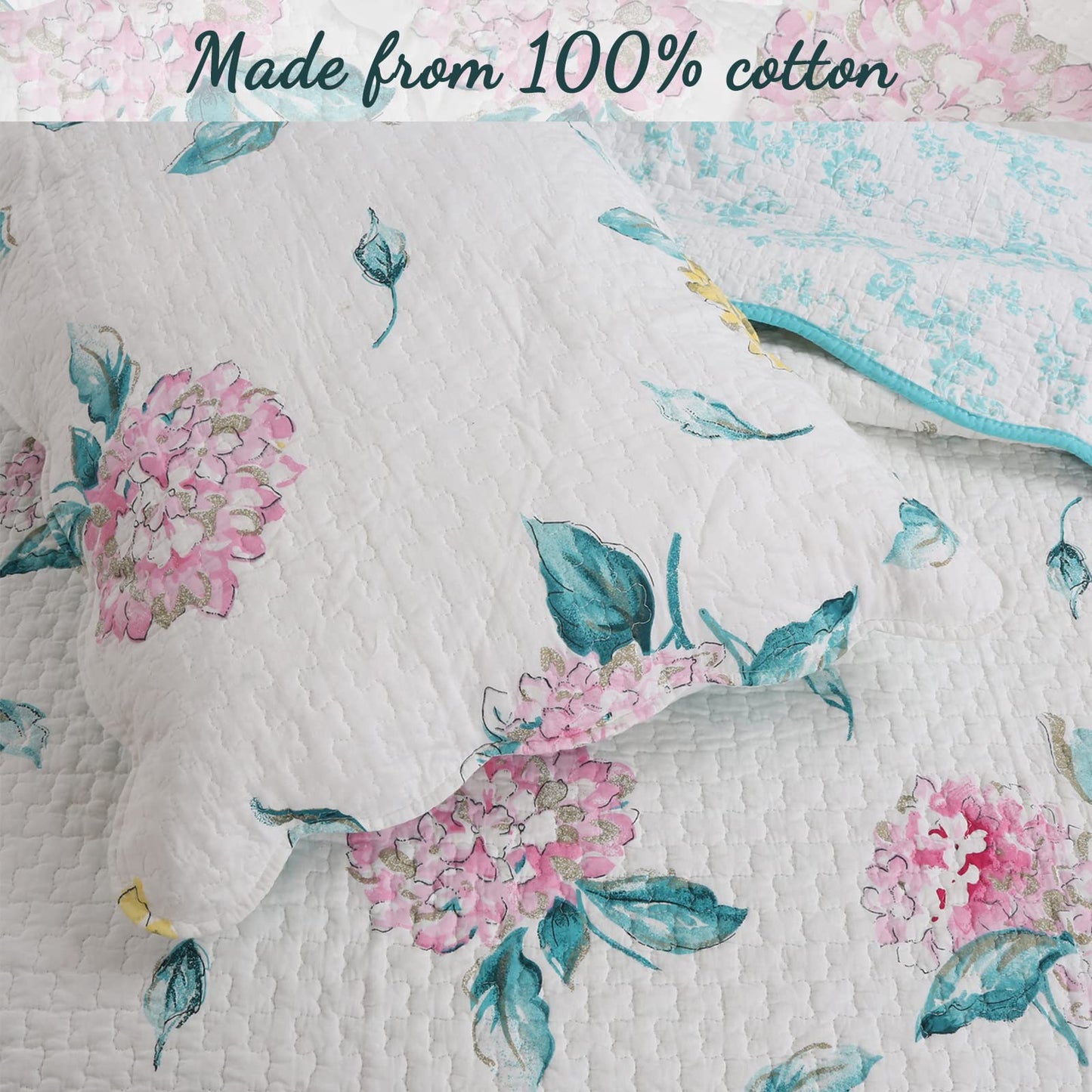 Cozy Line Home Fashions Turquoise Blue Floral Hydrangea Garden Leaf 100% Cotton Reversible Quilt Bedding Set, Coverlet, Bedspread (Valencia Bloom, Queen - 3 Piece)