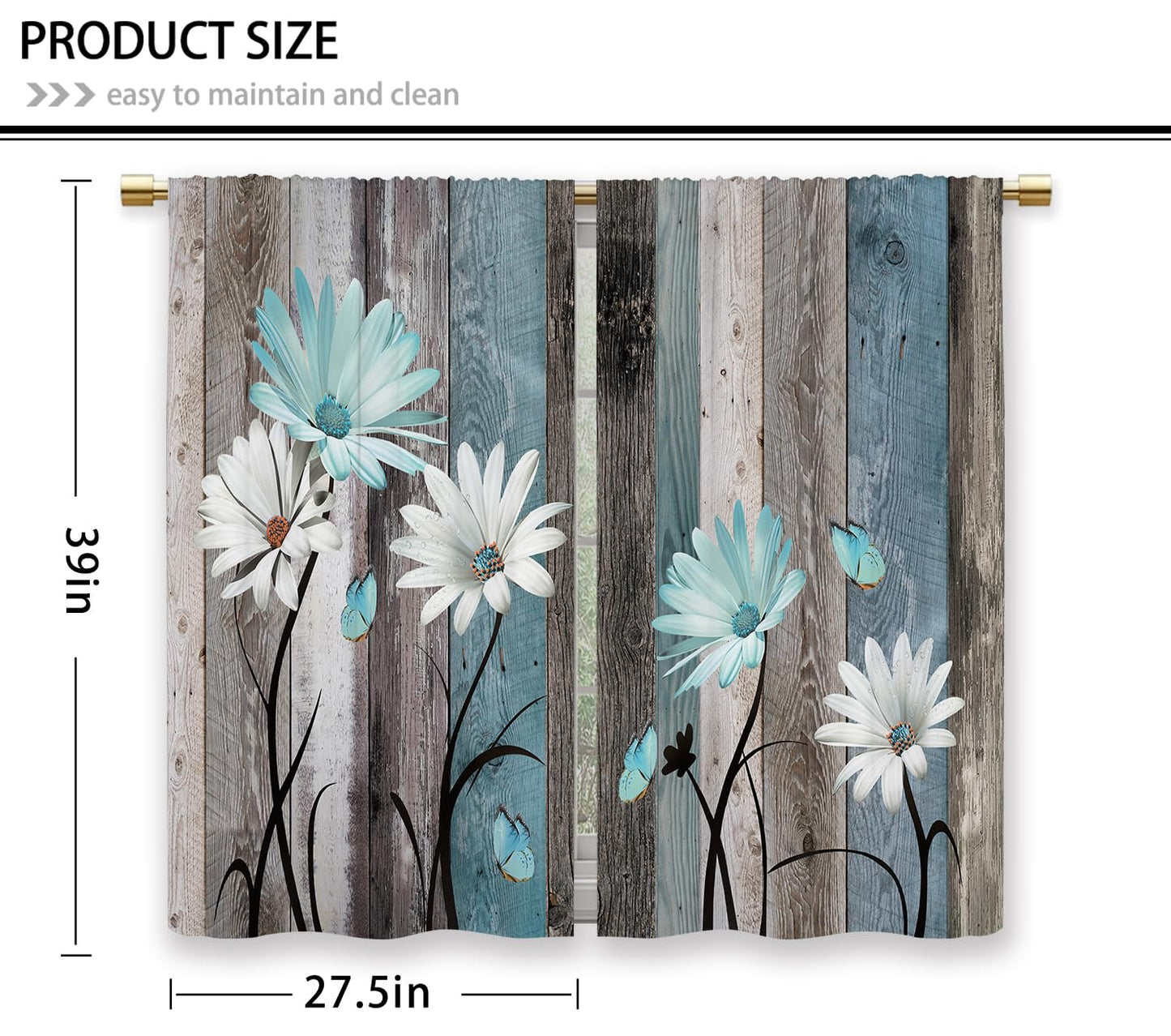 Laifzere Teal Farmhouse Daisy Kitchen Curtains Wooden Flower Small Short Cafe Window Curtains Rustic Floral Butterfly Country Bathroom Drapes Treatment Tier Curtains 2 Panels (27.5x39 Inch)