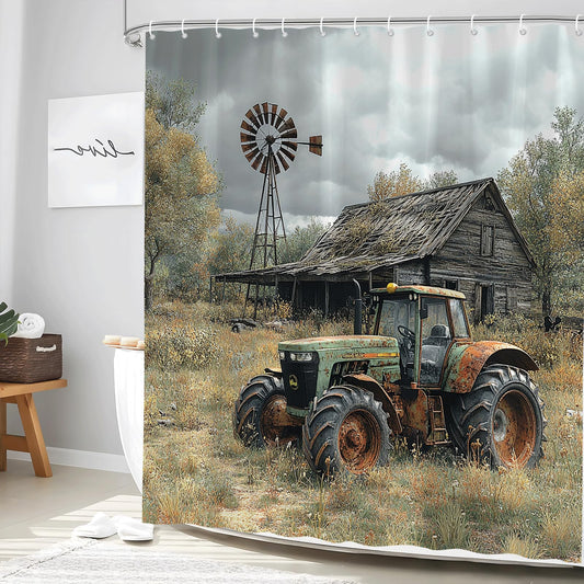 Farmhouse Old Truck Shower Curtain Rustic Wooden Barn Windmill Vintage American Classic Antique Car Farm Tractor Fabric Bathroom Decor Accessories Set with Hooks 70W x 70H inch