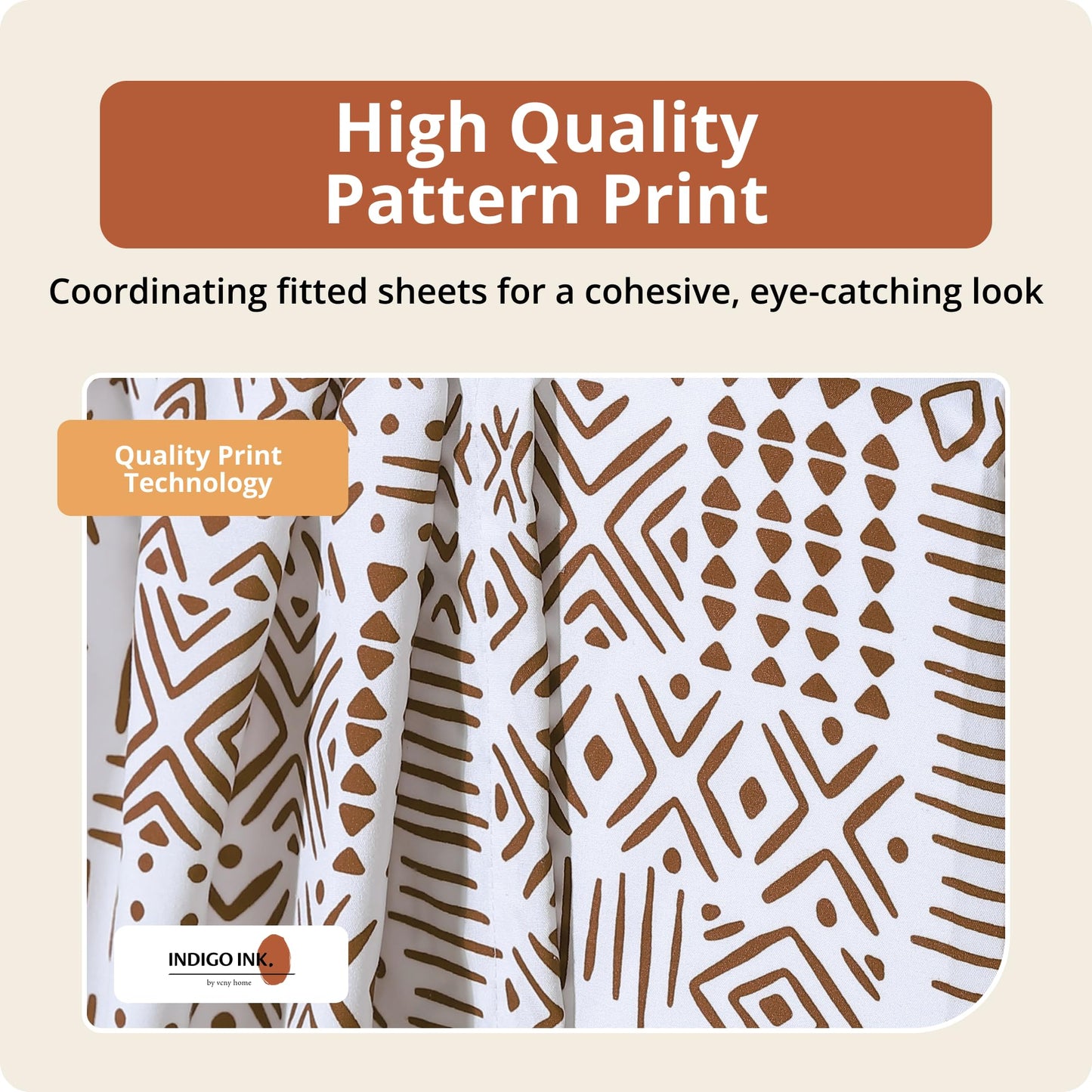 Indigo Ink Queen Size 4-Piece Sheet Set - Fitted & Flat Sheets & Pillowcases, Boho Pattern, Soft & Breathable, Durable, Wrinkle Resistant, Deep Pocket Sheets, White Denim Collection, Spice