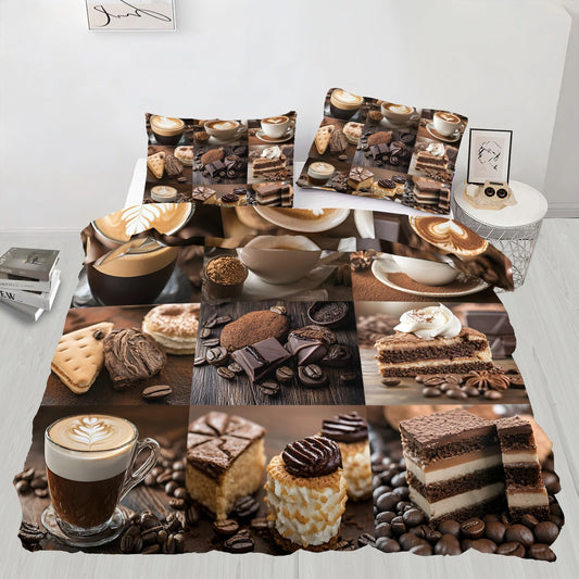 PAISUOQ Coffee Duvet Cover Queen Size, European Retro Bedding Sets, 3 Piece, Soft Microfiber Patterned Comforter Cover with Zipper Ties & 2 Pillowcase, Cafe Restaurant Bedroom Decor & Gifts