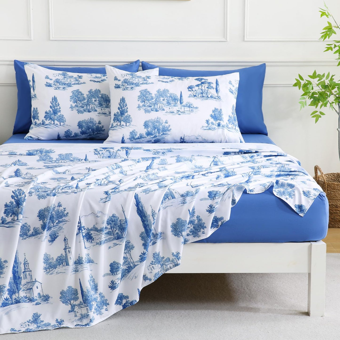 Botanical 6-Piece Queen Bed Sheets Set, Boho Floral Print Brushed Microfiber Sheets, Cooling Bed Sheet Set, Ultra Soft & Breathable, 16' Deep Pocket Fitted Sheet & Pillowcase Set, Blue Floral