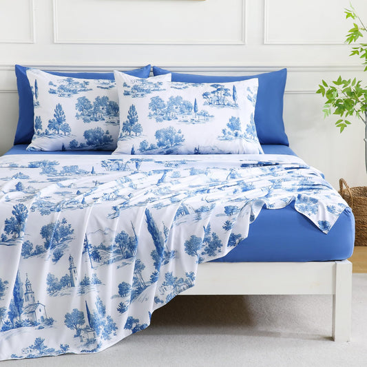 Botanical 6-Piece Queen Bed Sheets Set, Boho Floral Print Brushed Microfiber Sheets, Cooling Bed Sheet Set, Ultra Soft & Breathable, 16' Deep Pocket Fitted Sheet & Pillowcase Set, Blue Floral