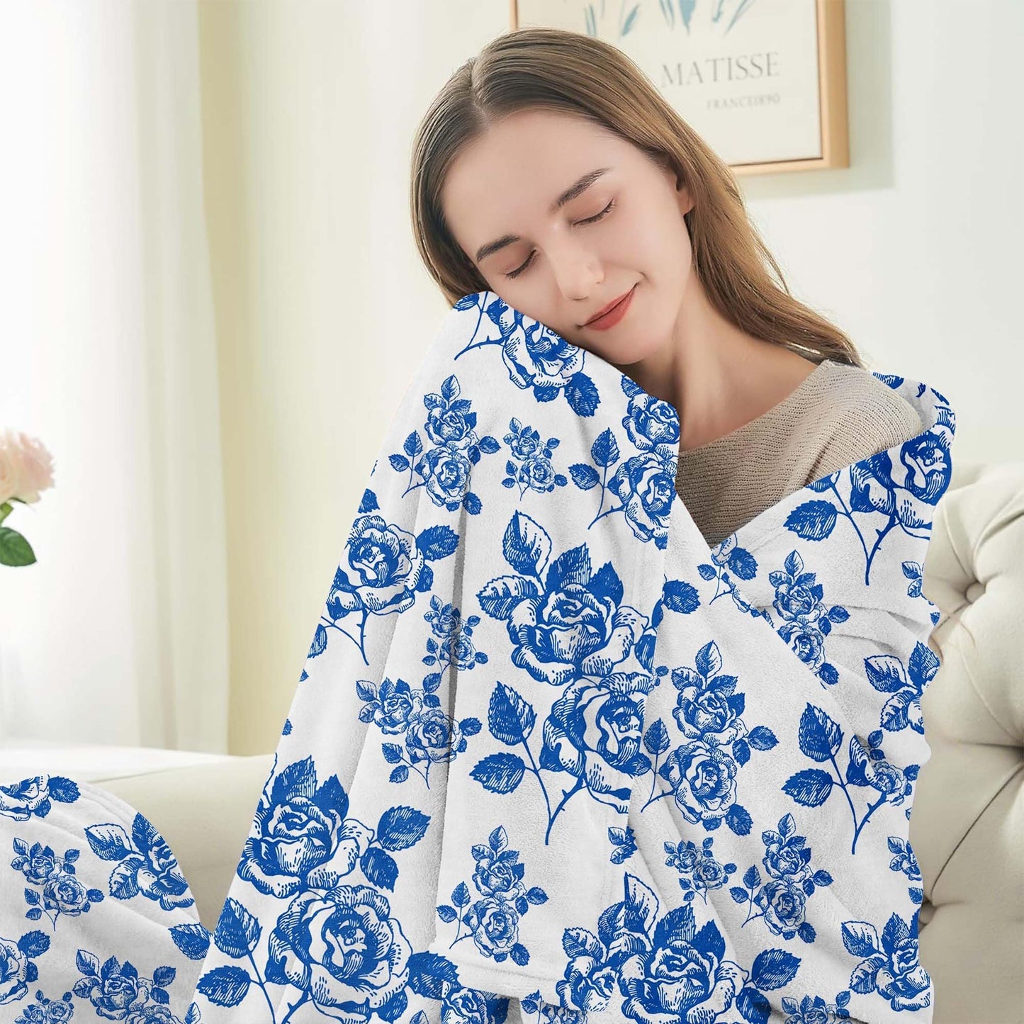 Pdvbiee Blue Floral Throw Blanket, French Country Chinoiserie, 50x60 in