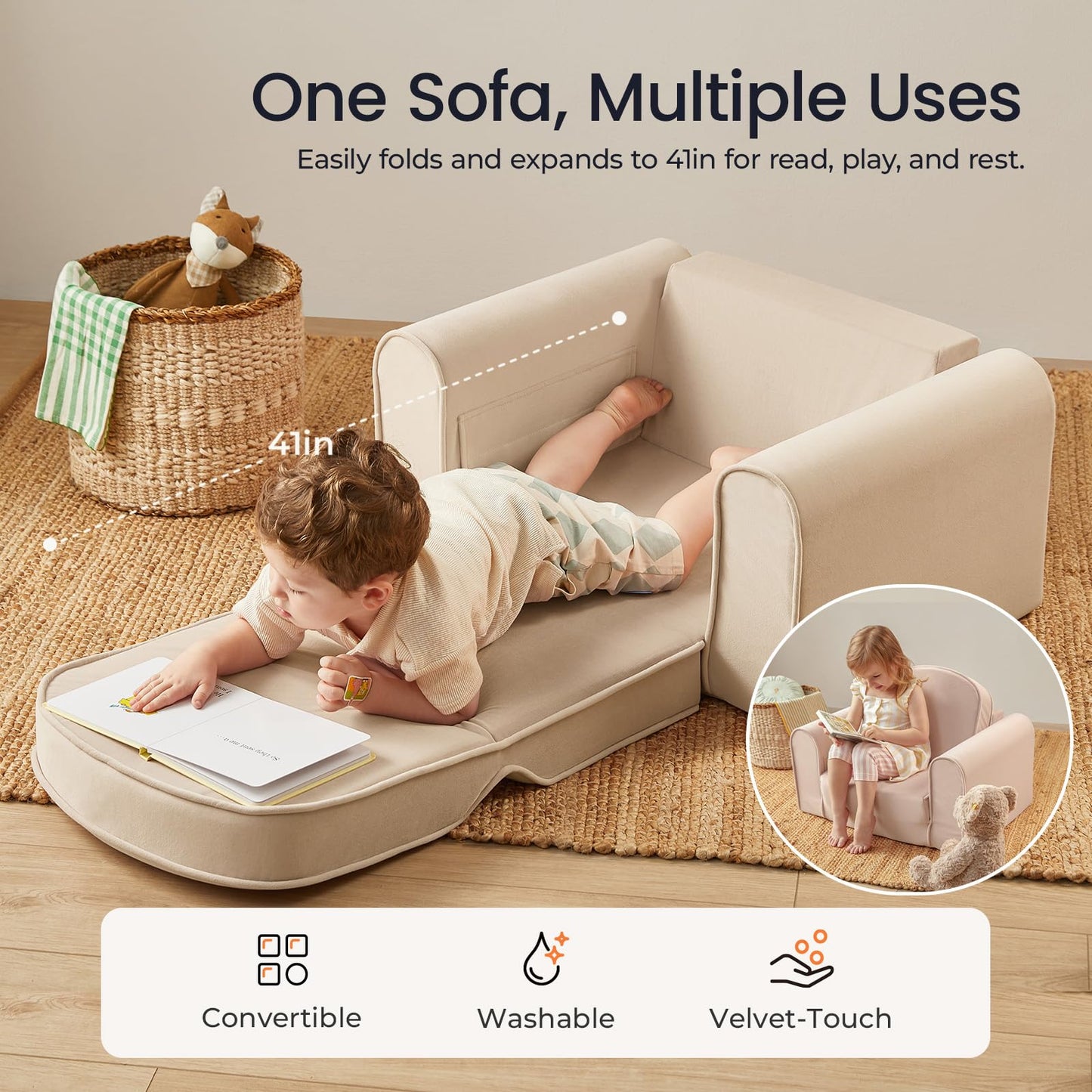 Tiny Land 2-in-1 Foldable Kids Couch with Pocket Soft Thick Toddler Sofa