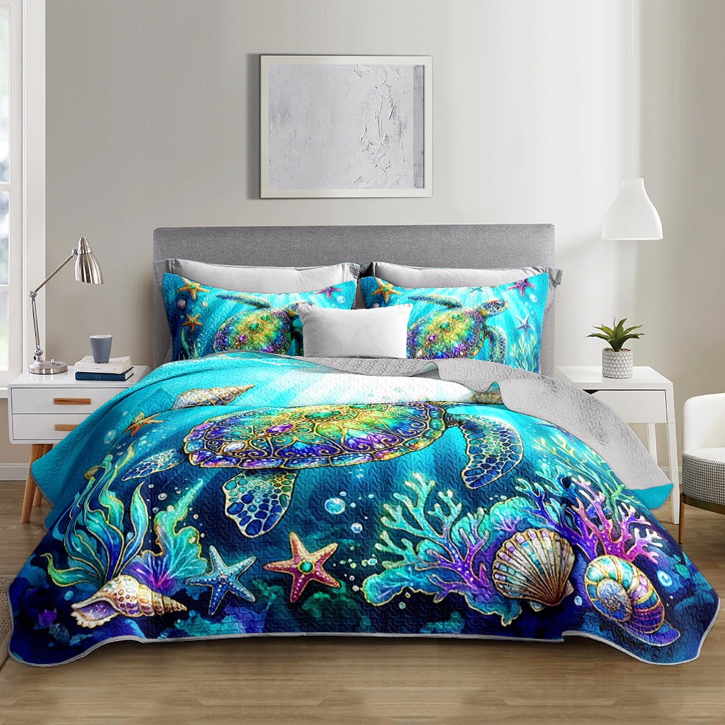 UEVBF Teal Ocean Theme Quilts Set King Size,3Pcs Sea Turtle Coral Shell Bedspread for Kids Adults Girls Boys Room Decor,Soft Lightweight Bedding Sets with 2 Pillowcases.