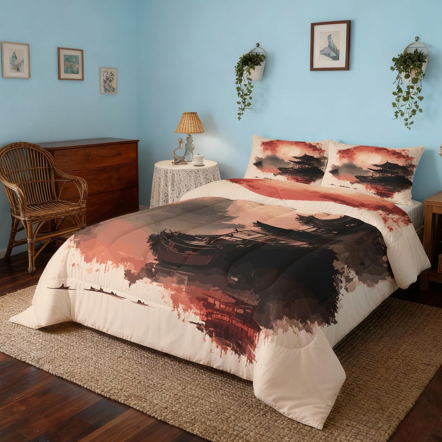 ZDABAOEC Japanese Twin Comforter Set 2 Piece, 1 Pillow Sham, Oriental Asian Chinese Style Ink Art Reversible Down Alternative All Season Bedding, Soft Microfiber, Japanese Bedroom Decor