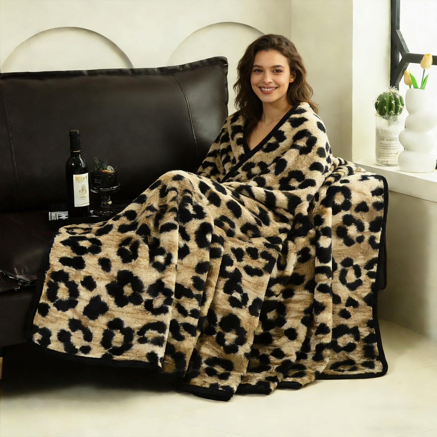 youlanhome Faux Fur Throw Blanket, Cozy Soft Plush Fuzzy Blanket for Couch Sofa Bedroom Living Room, 60x80 Inches Brown Leopard Print, Rabbit Fur Bubble Design