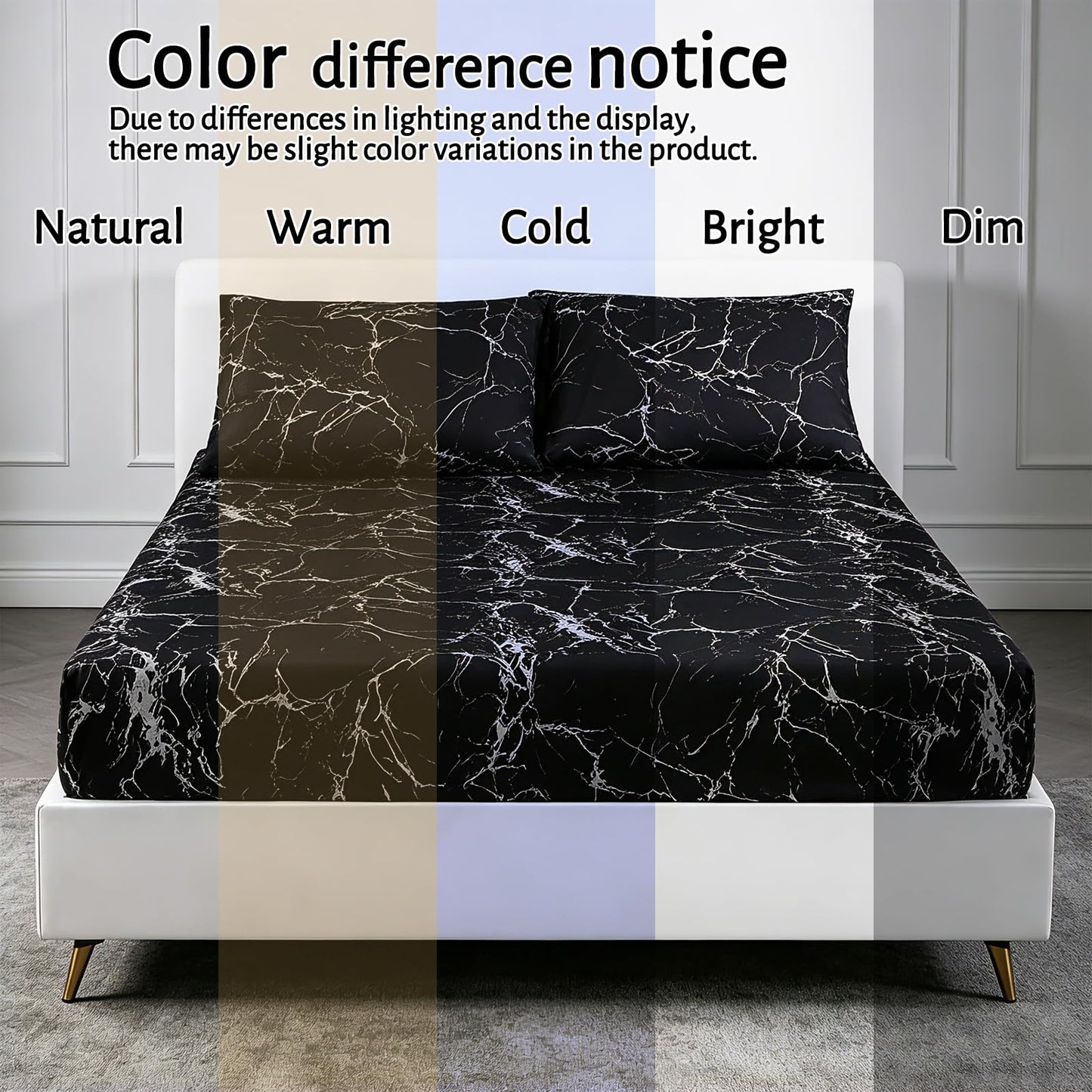 MAG 3PCS Black Marble Fitted Sheet Queen,Soft Microfiber Bed Sheets Included 1 Fitted and 2 Pillowcases,14 Inches Deep (Queen, Black)