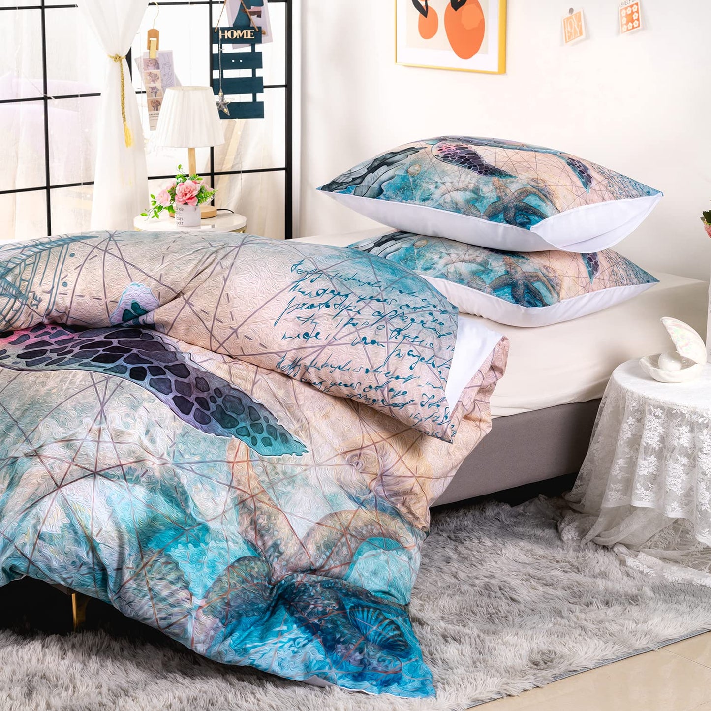 CVHOUSE Sea Turtle Duvet Cover Queen Size,Ocean Bedding Set for Kids Teens,Beach Comforter Cover,1 2 Pillowcases 3 Piece Queen 89'x89'
