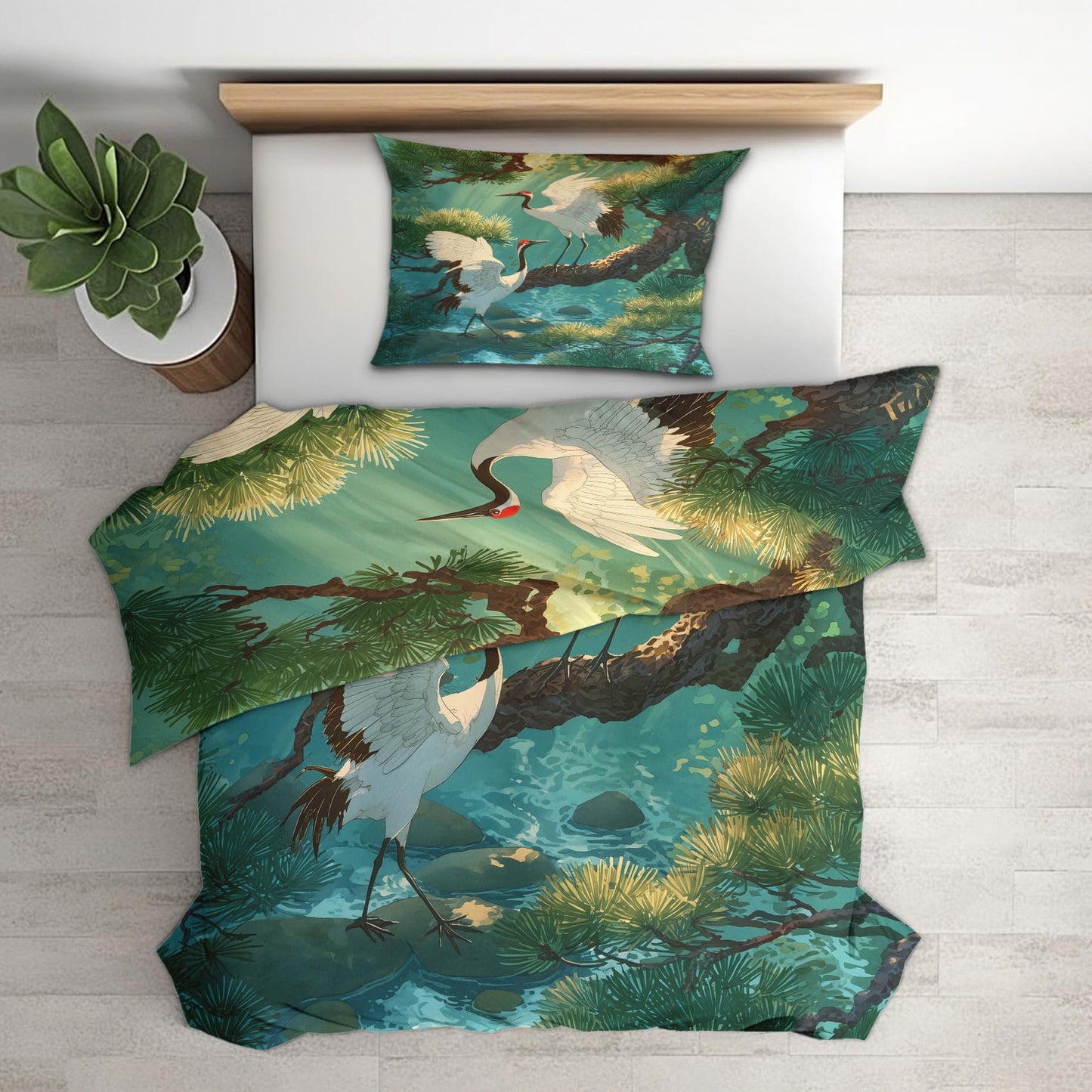 zcwl Japanese Crane Duvet Cover Oversized King Size | Pine Tree Bird Bedding Set | 3 Piece | Soft Microfiber Patterned Comforter Cover with Zipper Ties & 2 Pillowcases | Green Nature Bedroom Decor