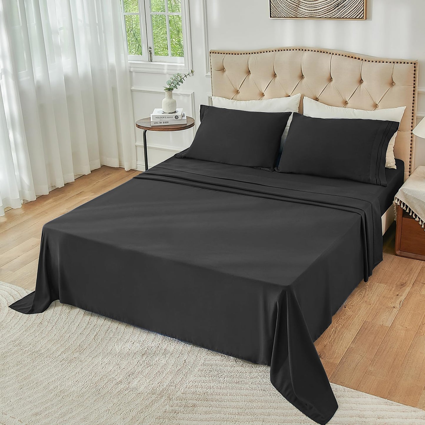 Yibeizi King Size Sheets Set Cooling Deep Pocket Bed Sheet Sets, Black Soft Microfiber Oeko-Tex Hypoallergenic Sheets & Pillowcases Wrinkle Free Bedsheets