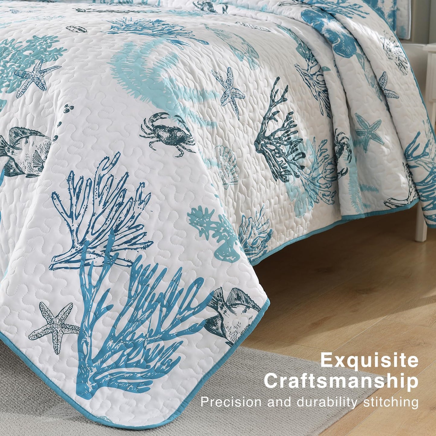 HORIMOTE HOME Coastal Quilt Bedding Set Queen Size, Reversible Blue Summer Beach Quilt Lightweight Ocean Nautical Comforter Tropical Bedspread Coverlet with 2 Pillow Shams for All Seasons (90"x96")
