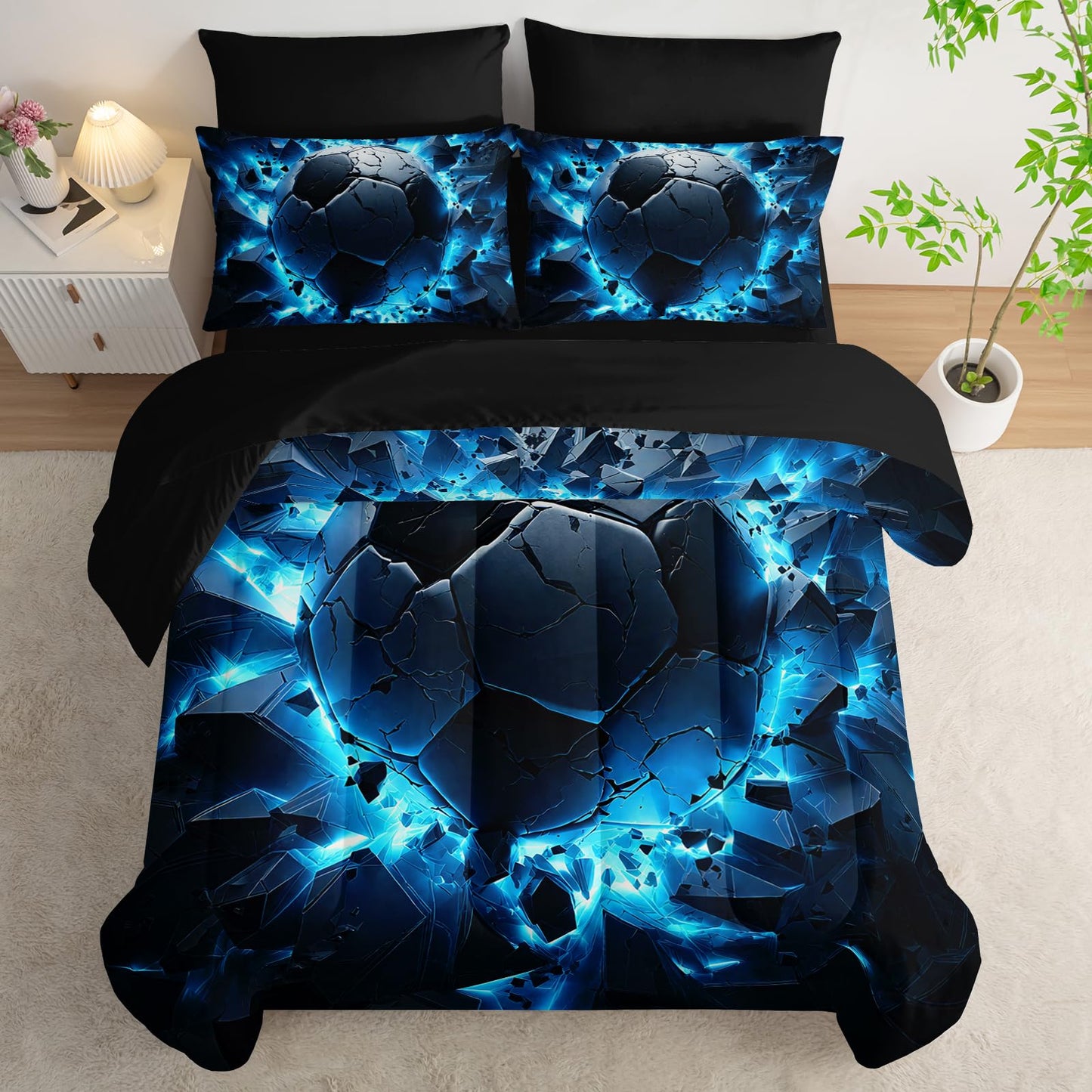 Nttopship Soccer Bedding Set Twin Size 7PCS for Adults, Blue Football Printed Bedding Sets 7 PCS,Ball Sports Themed Bedroom Decor Lightweight All Seasons with Pillowcases,Flat, Fitted Sheet