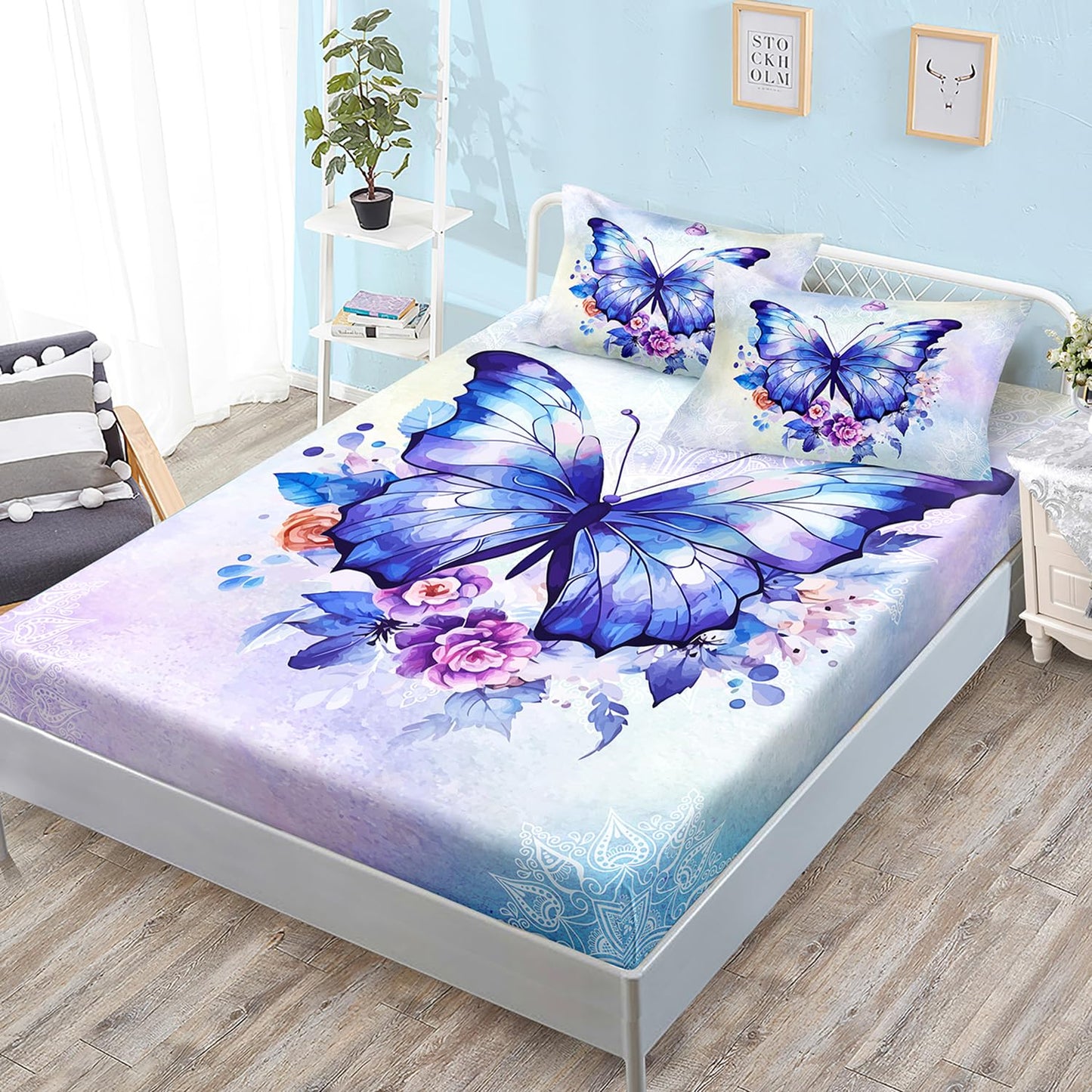 HOSIMA Floral Purple Butterfly Fitted Sheet-Soft Microfiber,Fantasy Butterfly Aesthetics Twin Fitted Sheet for Kids Girls Teens Women,Mandala Preppy Bedding 3Piece with 2 Pillow Shams.