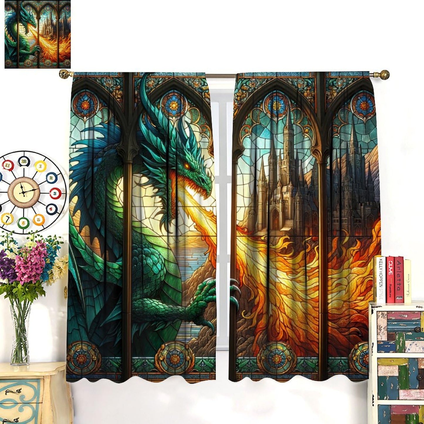 FengMingRui Stained Glass Curtains Western Monon Dragon Castle Abstract Geometry Window Treatments for Boys Girls Bedroom Game Room Window Drapes 42" W X 45" L