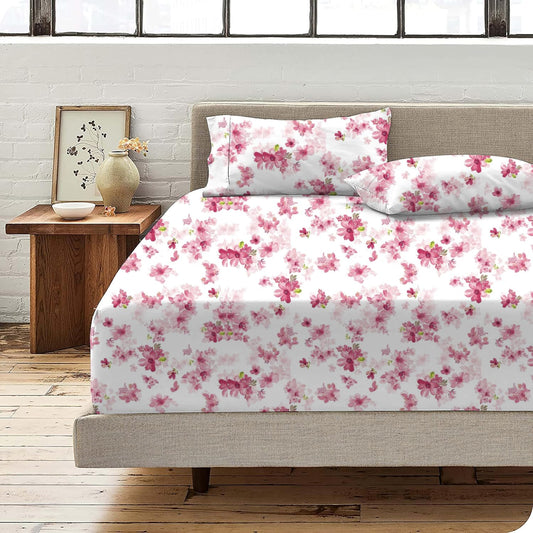 KRISHNA 4 Piece Printed Sheets Set, Hotel Luxury Brushed Microfiber, Soft & Breathable, 12" Deep Pocket Fitted Sheet, Queen Size Sheet Set, Pink Rose