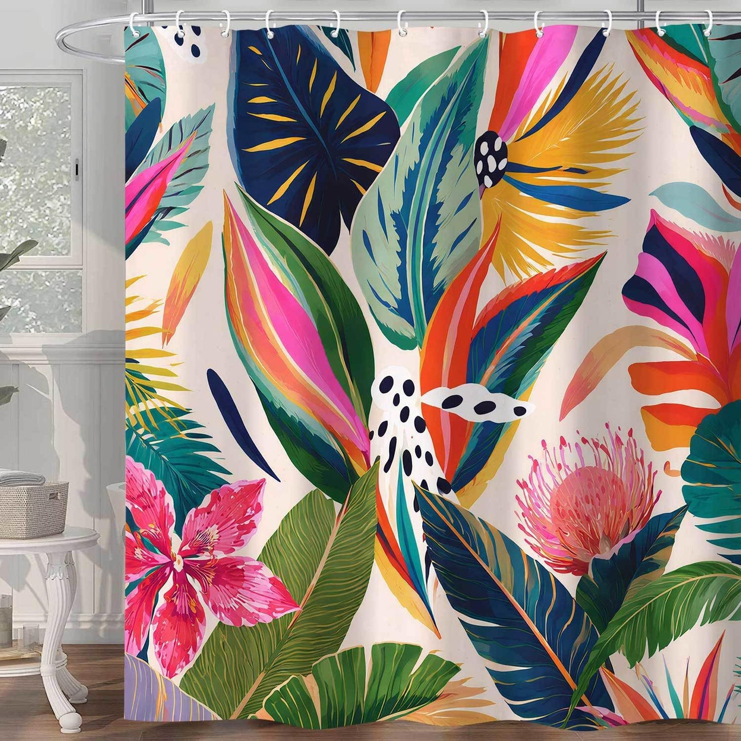 Hjokiupt Colorful Floral Shower Curtain, Boho Abstract Art Modern Asthetic Plant Leaf Bathroom Curtains, Waterproof Polyester Fabric Accessories Bath Curtain with Hooks 72x72 Inch