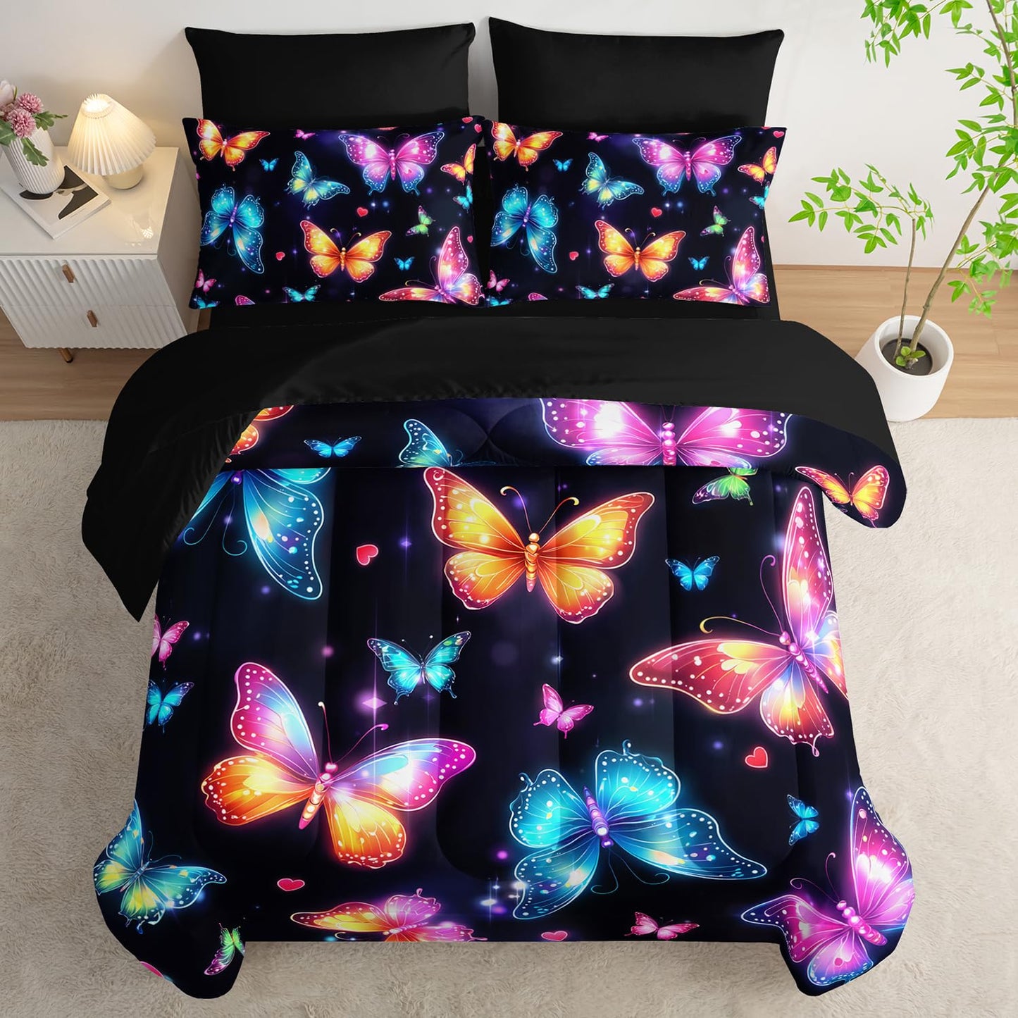 XYNHML Colorful Gradient Butterfly Comforter 7Pcs Tie-Dye Heart Print Bedding Set for Kid Teen Girl Boy Adult Sparkling Aesthetics Quilt Bed Set Twin with 2 Sheets,2 Pillowcases,2 Throw Pillow Covers