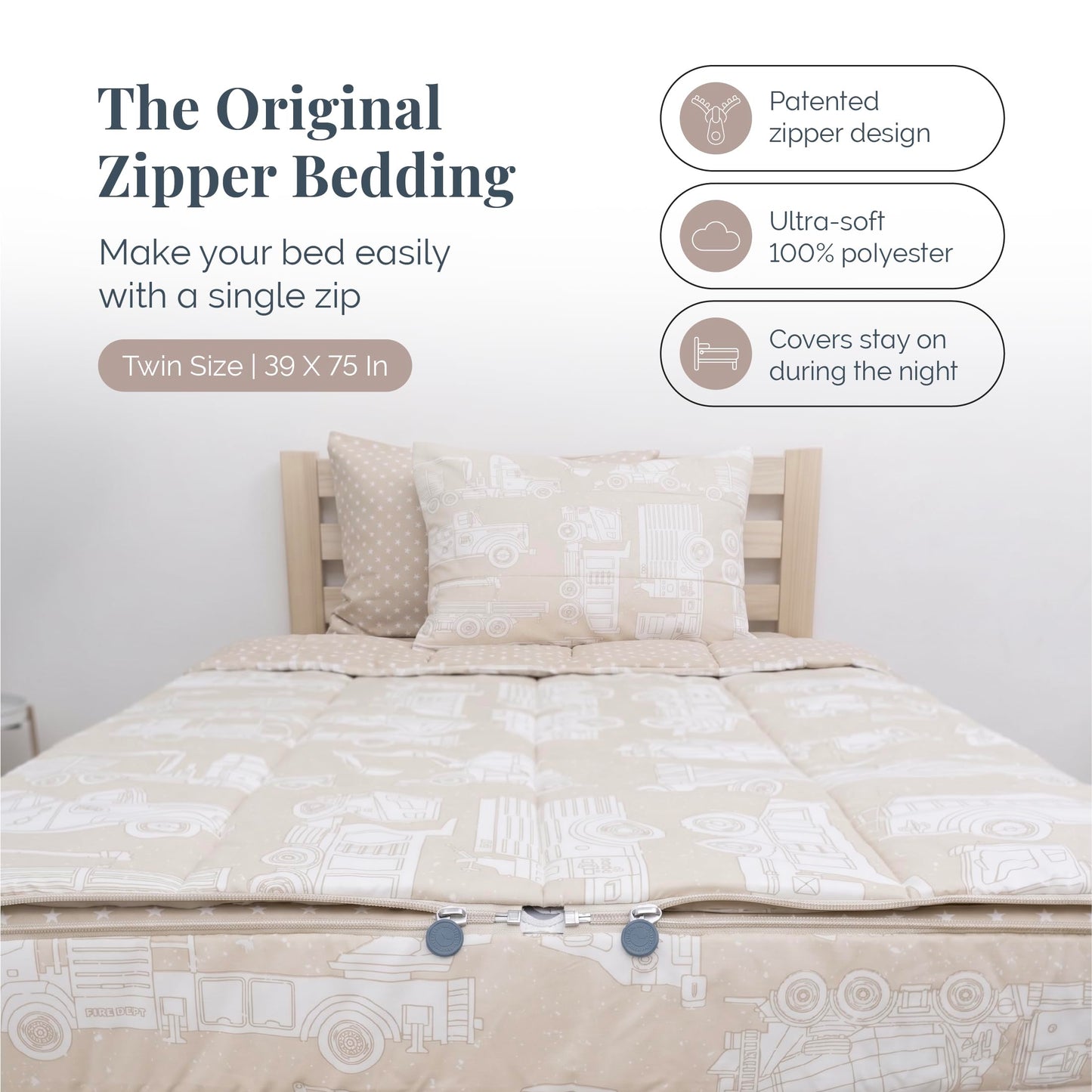 Beddy's Mack Trucks Theme Durable Zipper Bedding for Kids - Bed in a Bag - Tan Sheets & Comforter with Construction Trucks & Cars - Includes Pillowcase & Sham - Easy to Make & Wash - Twin