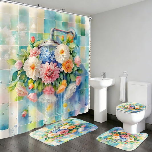 DDQQ 4Pcs Colorful Floral Shower Curtain Set Modern Showerhead Bathroom Sets with Rugs Spring Flower Shower Curtain Set Brightly Bathroom Rugs Set Bathroom Decor Toilet Lid Cover 12 Hooks