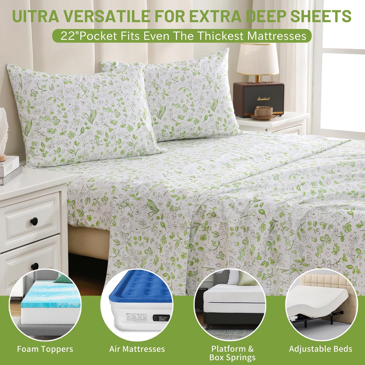 Bedlifes Queen Sheet Set Ultra Soft, Breathable, Silky Flower Deep Pocket 100% Microfiber Bedding, 4 Piece Queen Size Green Floral