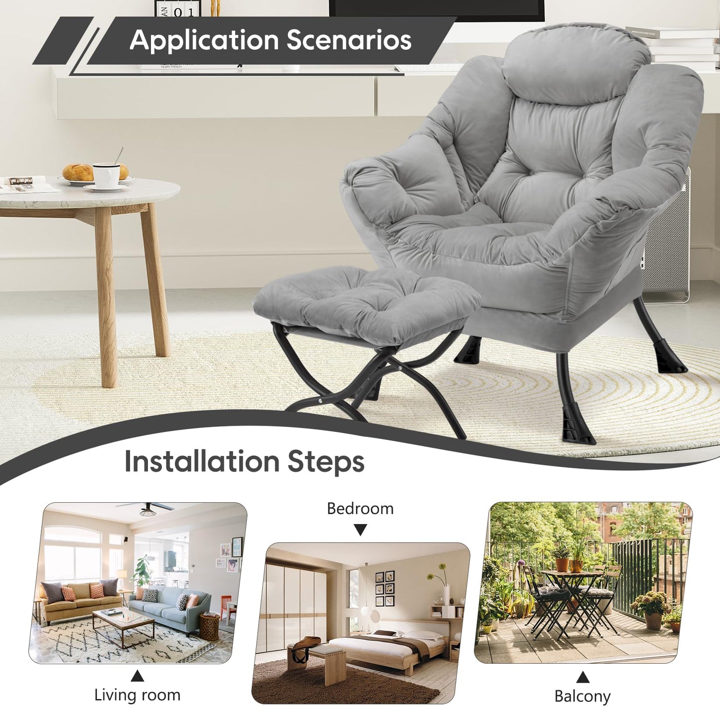 Congermom Lazy Chair with Folding Ottoman Modern Large Accent Chair,Contemporary Lounge Leisure Sofa Chair with Armrests Upholstered Sofa Armchair Reading Chair for Bedroom,Dorm&Office (Light Grey-f)