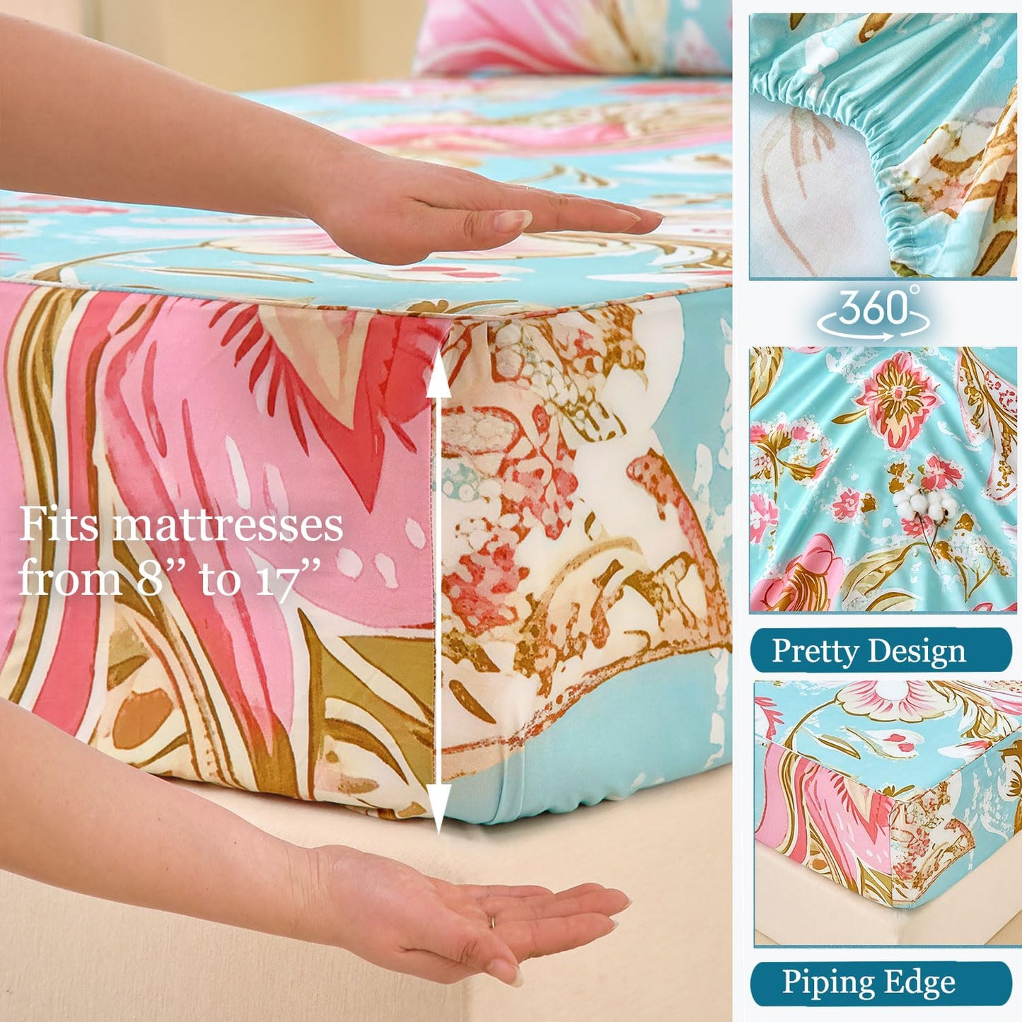 Zusbest Blue Paisley Sheets Queen Size 100% Cotton Satin Weave Pink Floral Bed Sheet Set Abstract Design, Soft Cooling for Hot Sleepers, Luxury Shabby-Chic Countryside Bed Set Deep Pocket 17.5‘’