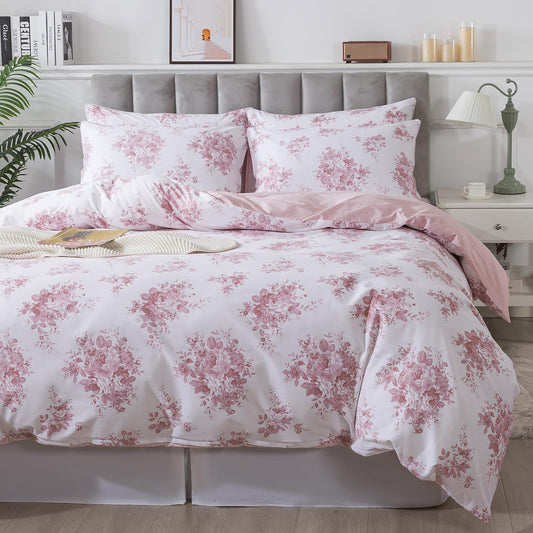 FADFAY Pink Rose Floral Duvet Cover Sets King/Cal King 100% Cotton Reversible Blush Comforter Cover Luxury Shabby Vintage Bedding All Season Soft Crisp Coquette Cottagecore Zipper Bedding 3Pcs