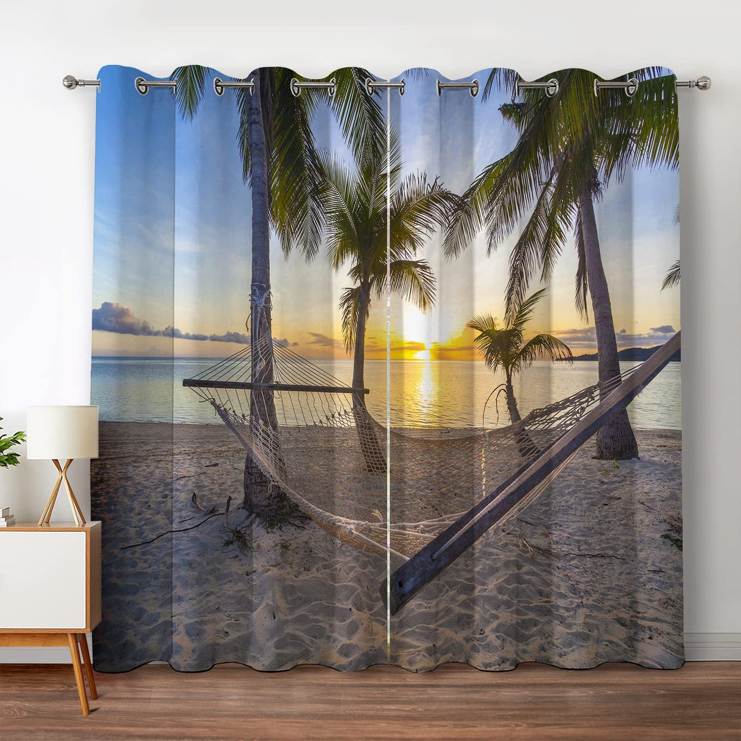 Jekeno Ocean Palm Trees Blackout Curtains Beach Sky Sunshine Seascape Seaside Scenery Decor for Home Bedroom Living Room Grommet Window Drapes 2 Panel Set, 42"x84"