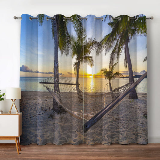 Jekeno Ocean Palm Trees Blackout Curtains Beach Sky Sunshine Seascape Seaside Scenery Decor for Home Bedroom Living Room Grommet Window Drapes 2 Panel Set, 42"x84"