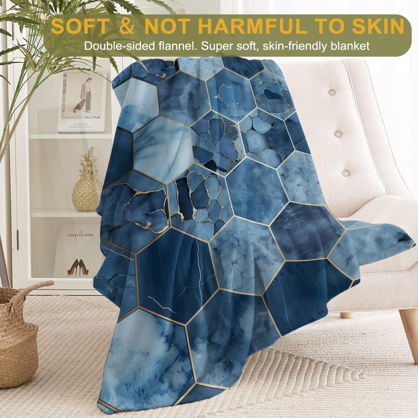 ainori Luxurious Blue Hexagon Throw Blanket 50x60 in, Elegant Blue Gold Blankets for Couch Bedroom Living Room Indoor Decor, Lightweight Soft Cozy Bedding Birthday Gift for Kids Boys Adults
