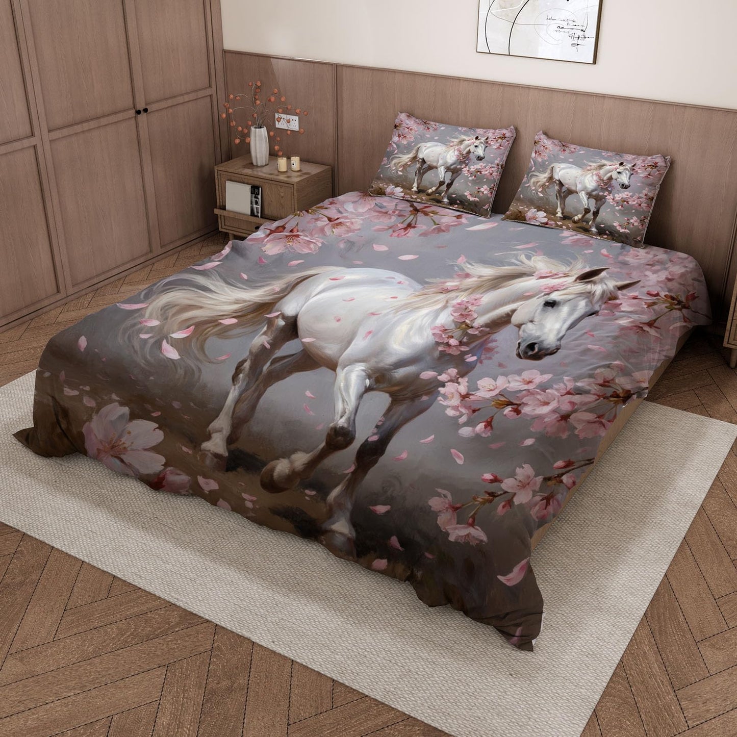 3D Horse Duvet Cover King Size 104x90in Soft Breathable Microfiber Cherry Blossoms Bedding Set Zipper Closure Reversible Comforter Cover 3 Pieces with 2 Pillow Shams (WJT 23-10)