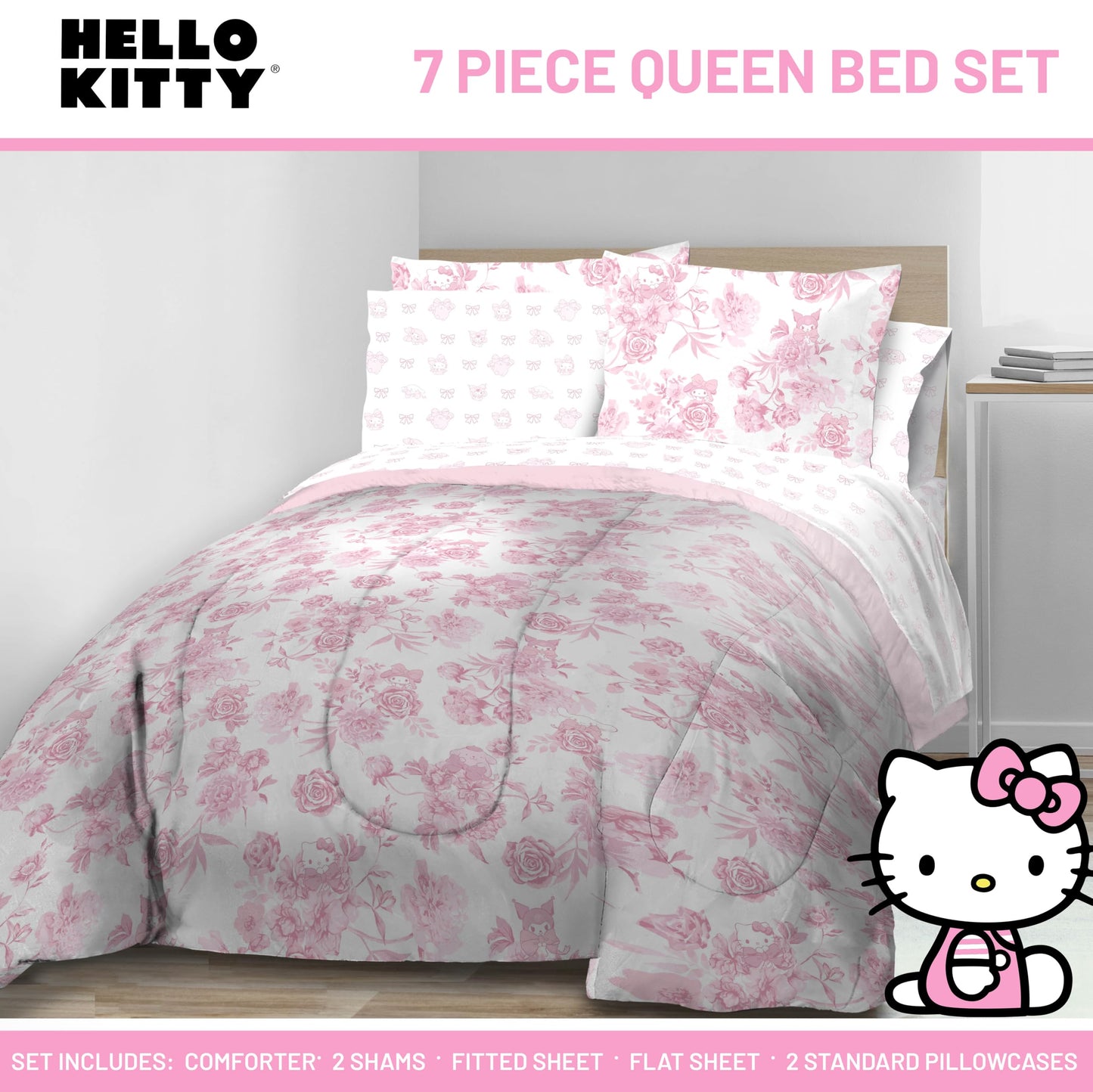 Jay Franco Comforter Set Includes Sheets and Pillow Covers - Soft and Cozy Bed Set for Stylish Room Decor, Official Licensed Bedding, Multi - Hello Kitty, 7 Piece Queen