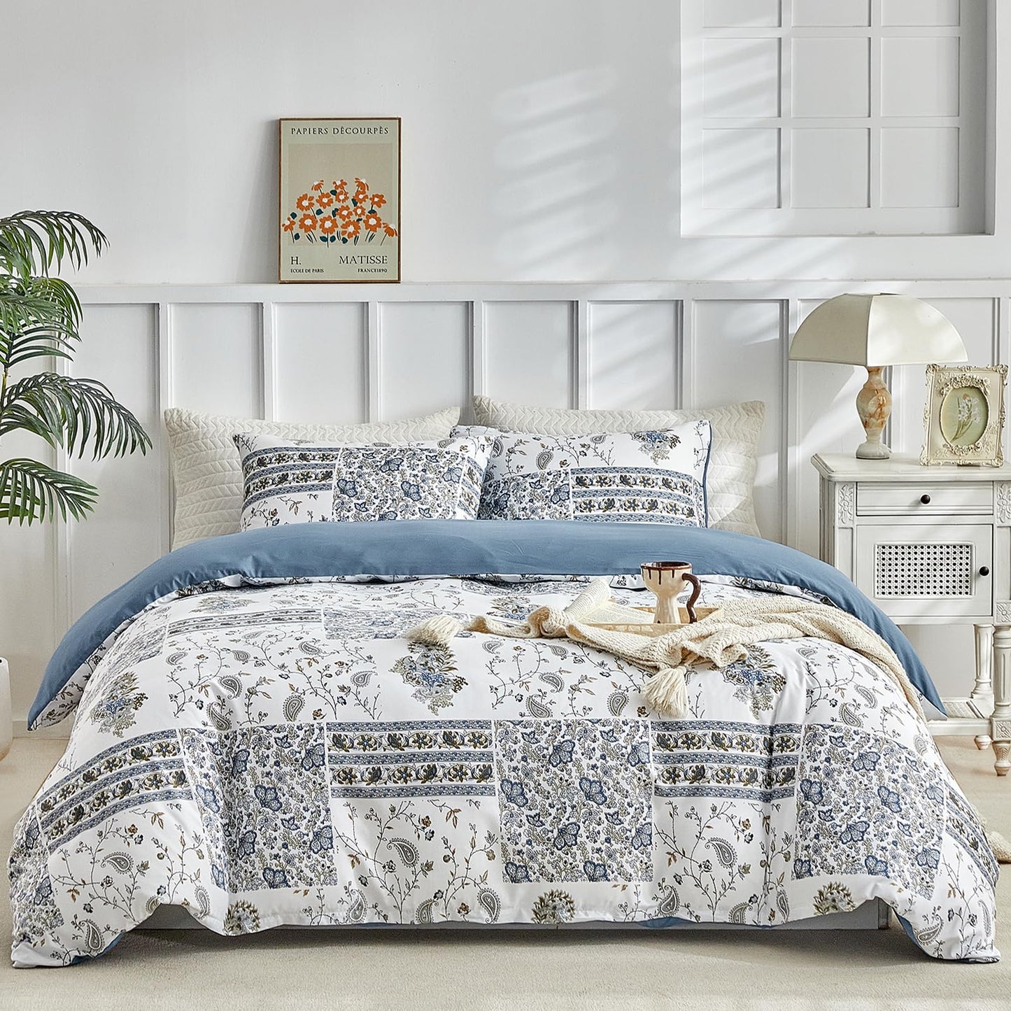 Lekesky Queen Size Duvet Cover Set, Patchwork Floral 3 Pieces Reversible Blue Paisley Duvet Cover Set, Ultra-Soft Microfiber 3 Pieces Comforter Cover with Zipper, Includes 2 Pillowcases