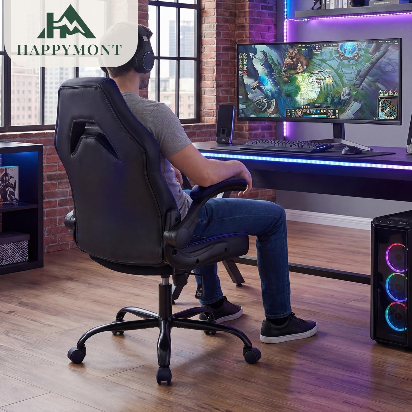 HAPPYMONT Ergonomic Computer Gaming Chair - Home Office Desk with PU Leather Lumbar Support, Adjustable Big and Tall Video Game with Flip-up Armrest, Swivel Wheels for Adults and Teens,Black Blue