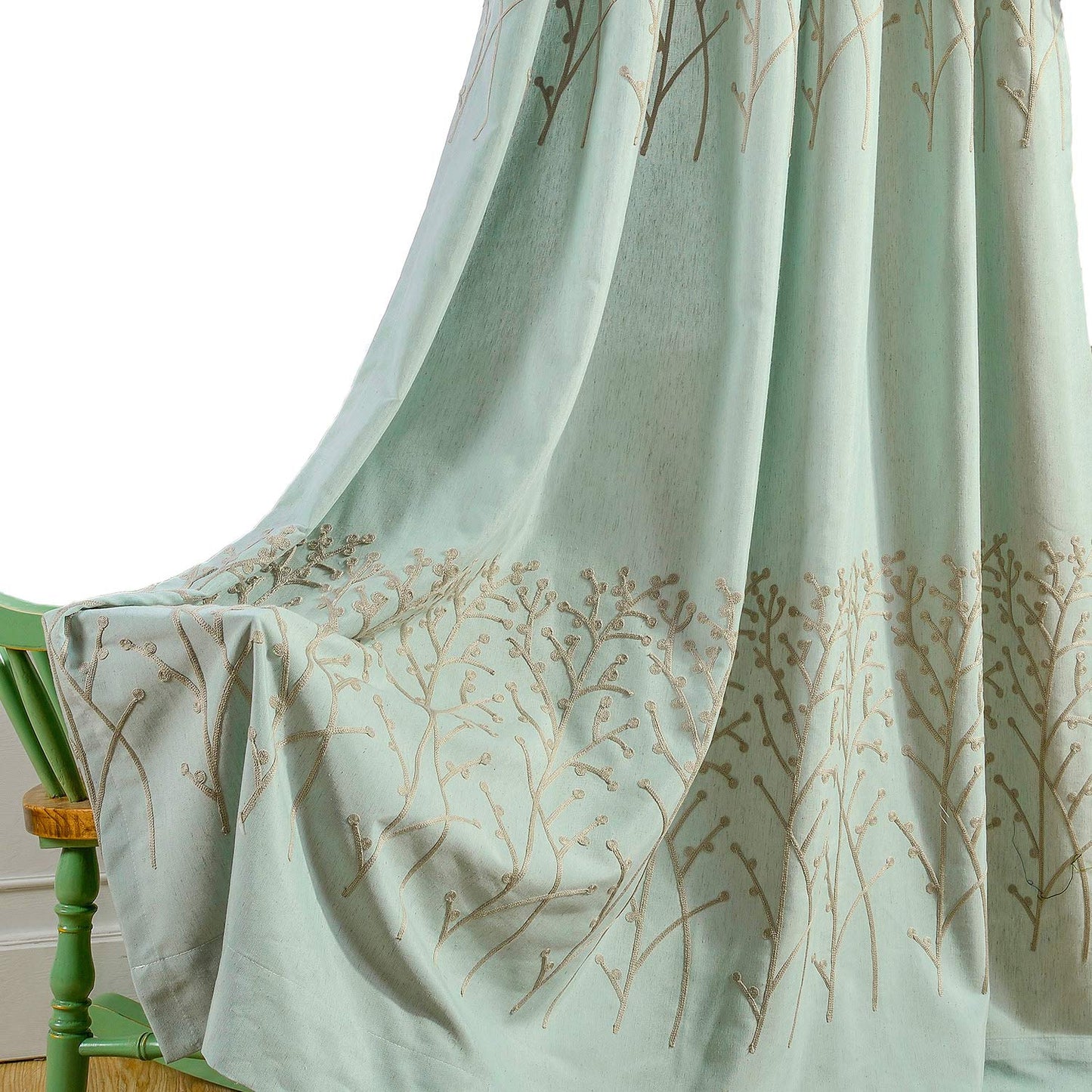 VOGOL Faux Linen Branch Embroidered Grommet Curtains, 2 Panels, 52 x 84