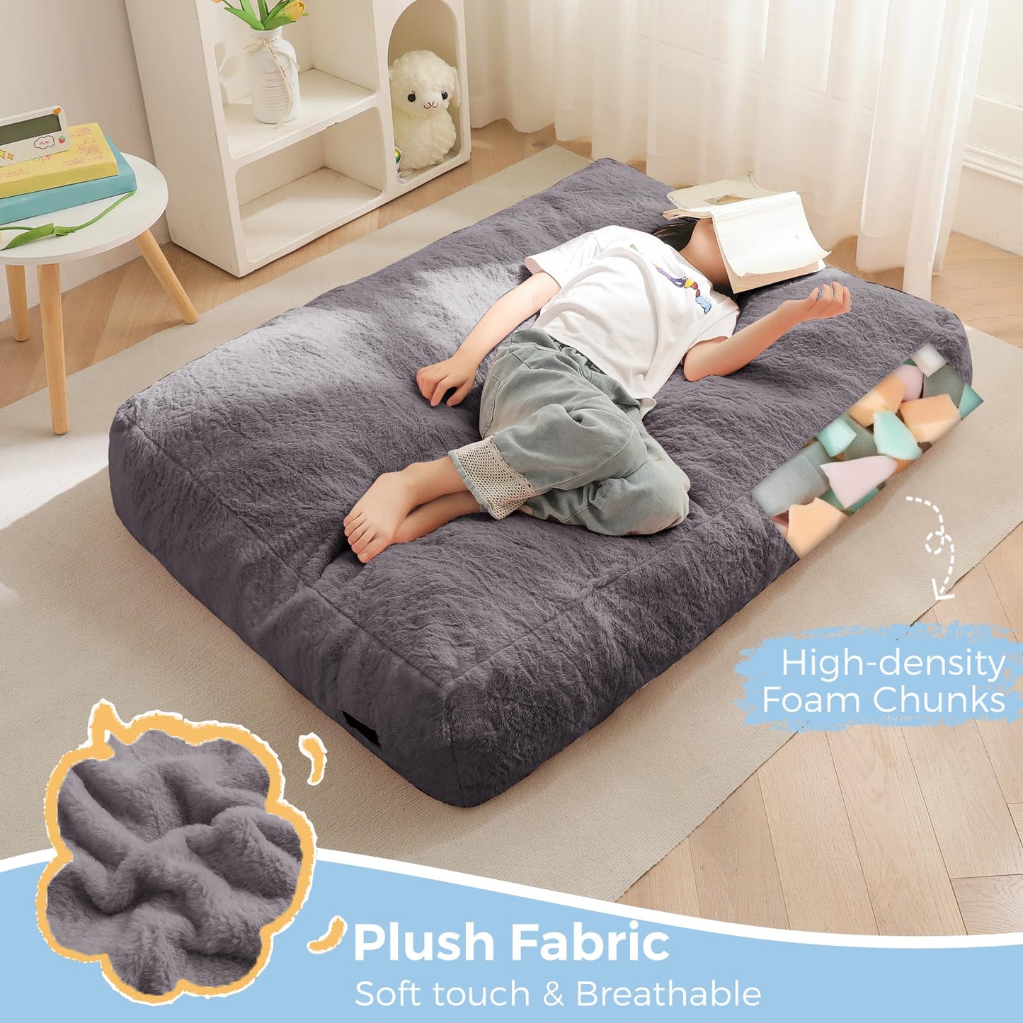 MAXYOYO Bean Bag Chair for Kids, Convertible Bean Bag Folds from Lazy Chair to Comfy Floor Sofa Couch, Stuffed Floor Sofa for Boys and Girls, High-Density Foam Filling, Dark Grey