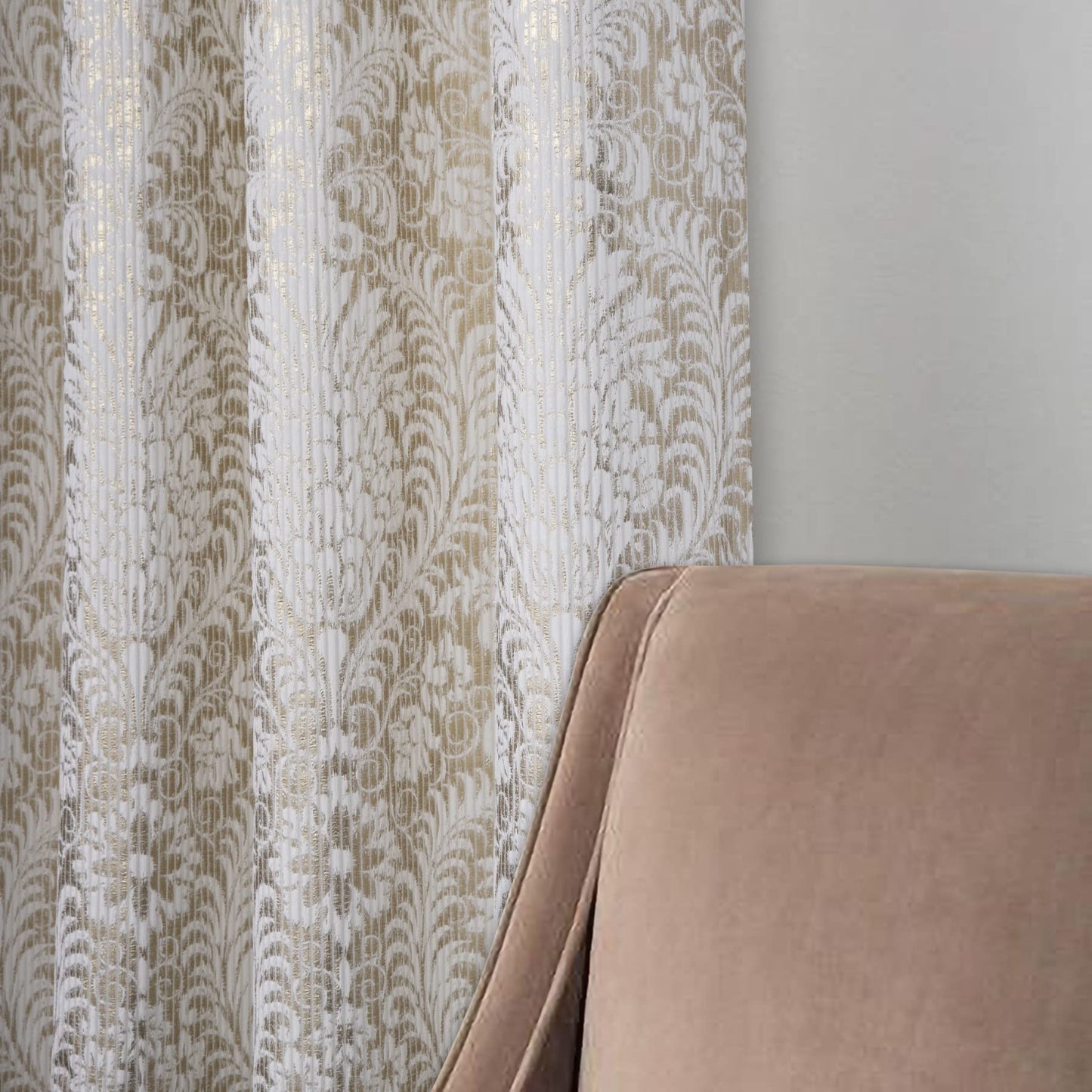 always4u 100% Blackout Damask Foil Print White and Gold Ridged Velvet Curtains 84 Inches Long Drapes 2 Panels Shiny Metallic Window 54 * 84 Inches