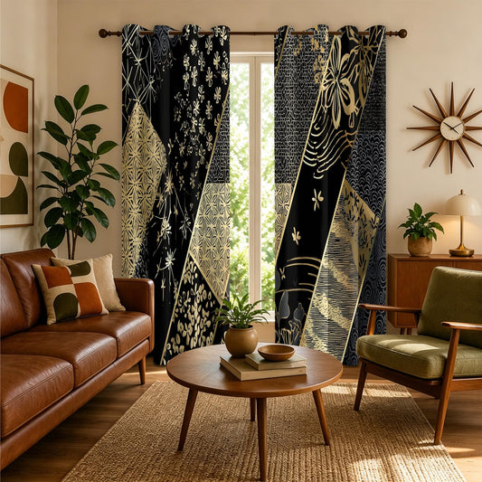 Solvivae Black Gold Black Out Curtains 63 Inch Long, Floral Boho Curtains for Bedroom Living Room, Room Darkening Thermal Insulated Grommet Drapes, Patterned Window Treatments