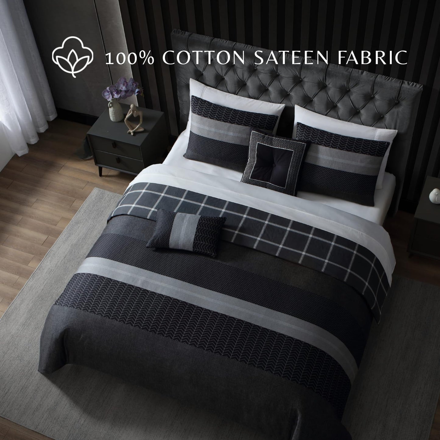 Bebejan Kyle 100% Cotton 5 Piece Comforter Set, Polyfill, Black, Gray Herringbone Tweed Printed Pattern, Reversible, 1 Comforter, 2 Shams, 2 Pillows (King/Cal King)