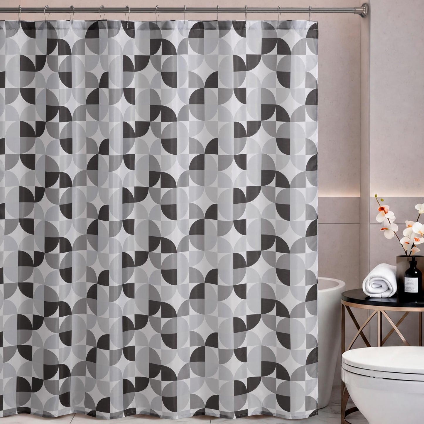 Creative Home Ideas Bale Bath Shower Set with Shower Curtain, Bath Rugs and Hooks, Black/Grey, 15 Piece Set