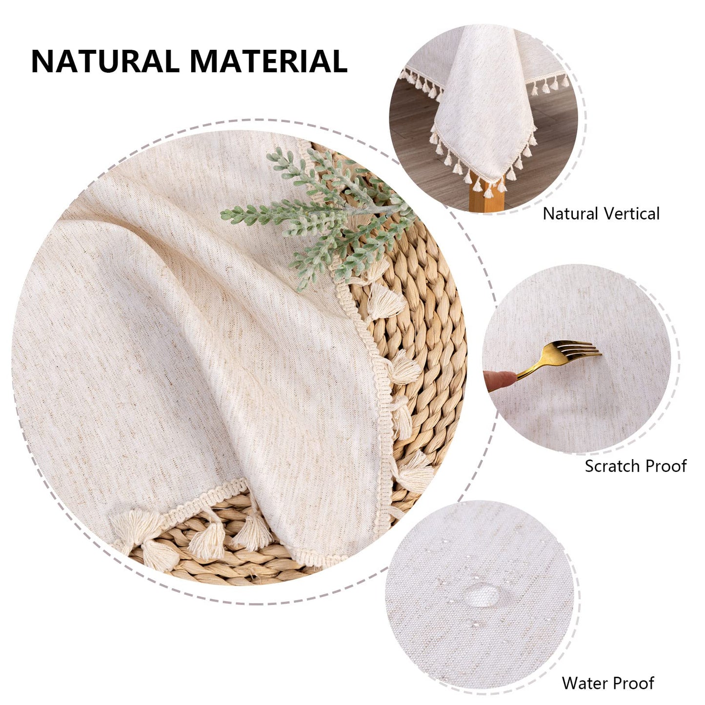 MYSKY HOME Table Cloth 60 in Round Cotton Tablecloth, Heavy Duty Linen Look Waterproof Tablecloths Farmhouse Tablecloth, Soft and Wrinkle Free Table Cover with Beige Tassels for Kitchen Dining, Party