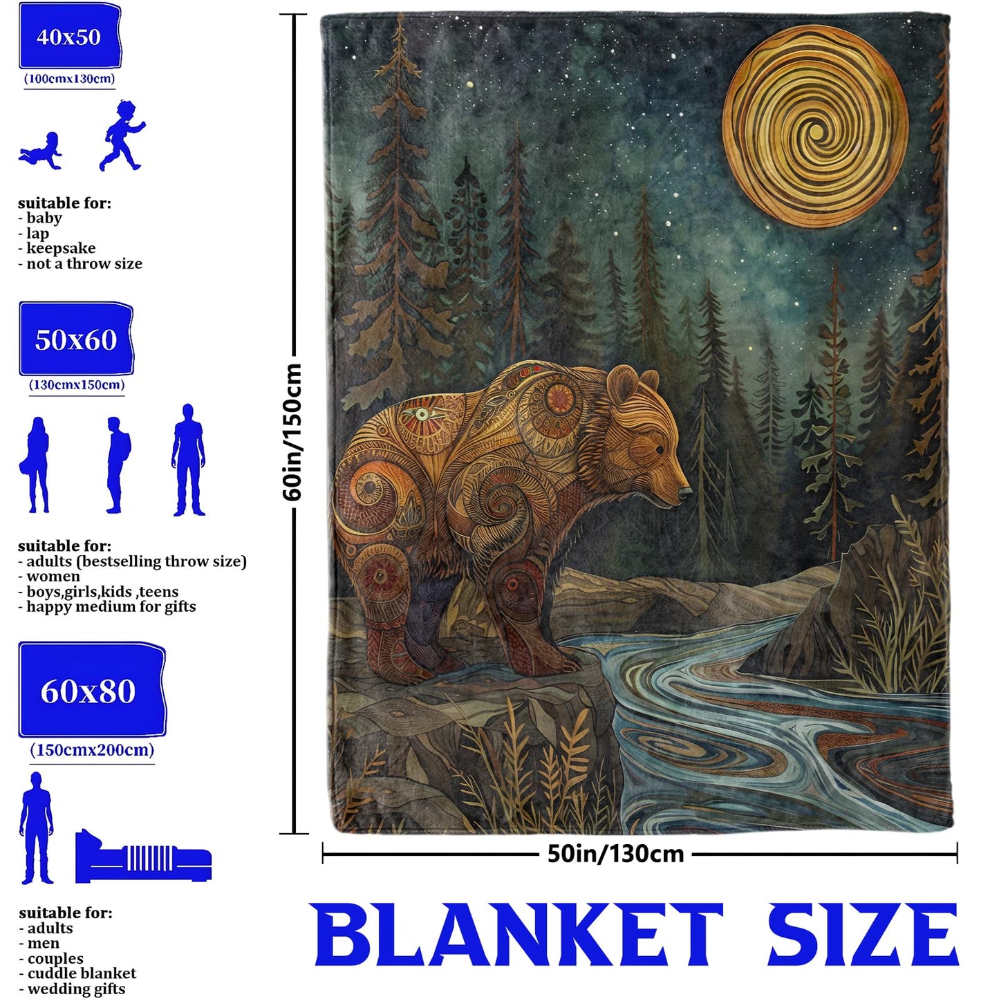 Tribal Bear Forest Throw Blanket for Boys Girls Kids Adults Women, Fuzzy Warm Soft Cozy Flannel Blankets Gifts for Bedroom, Couch, Travel, Home Decor 50x60 in